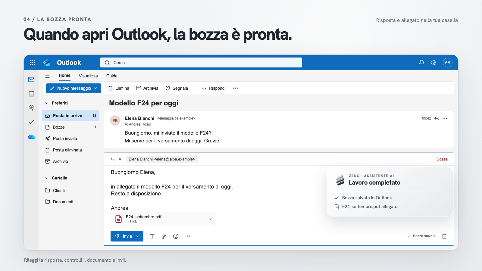 In Outlook la risposta a Elena è pronta, con il modello F24 allegato. Il commercialista controlla e invia.