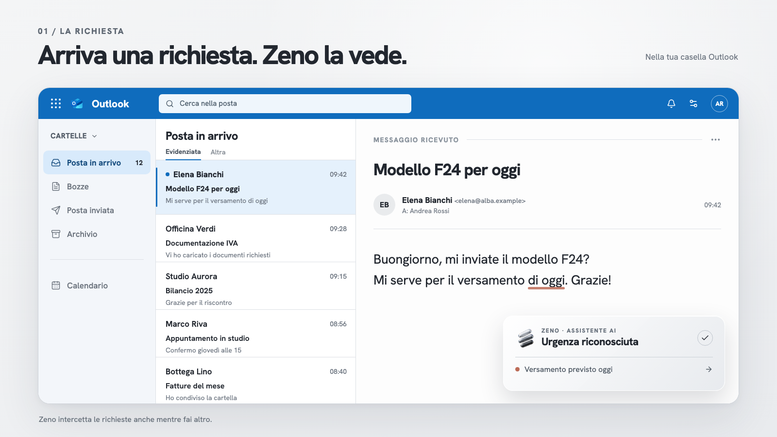 La richiesta del modello F24 di Elena arriva in Outlook. Zeno riconosce che il versamento è previsto oggi.